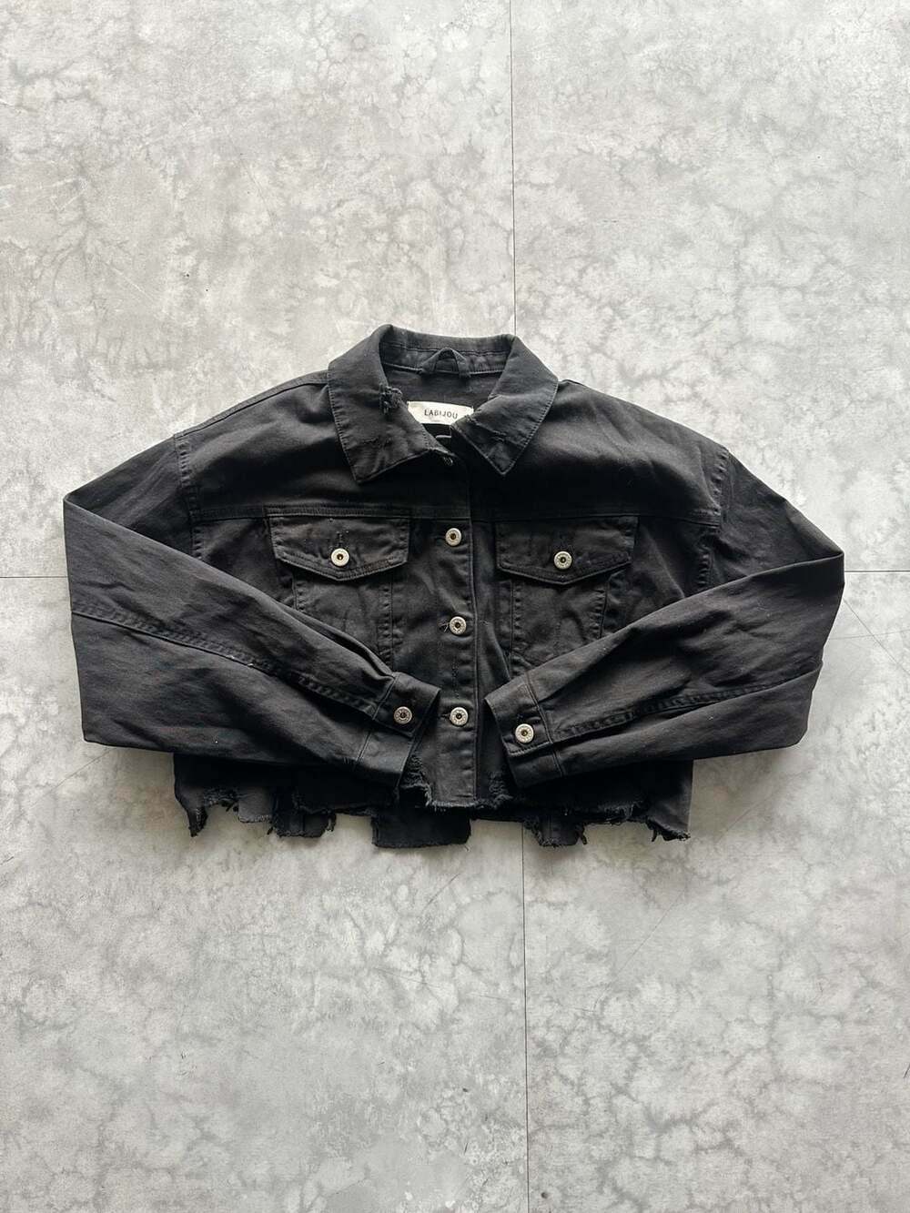 LABIJOU Cropped Black Denim Jacket with Studded Cross Back